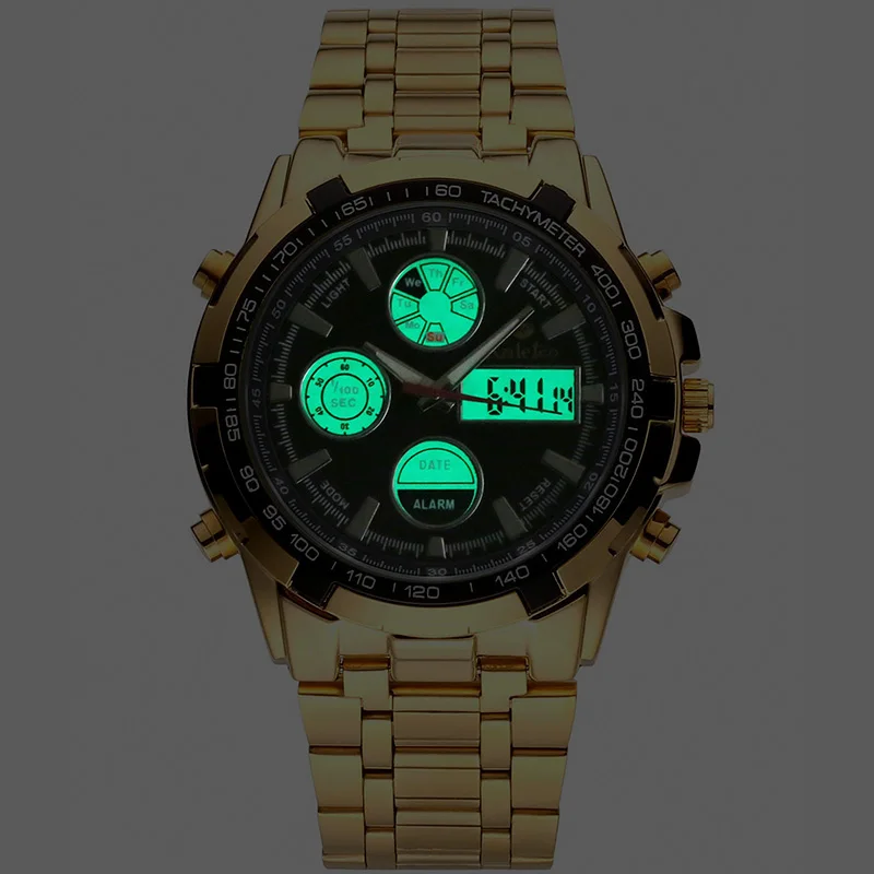 Męskie złoty zegarek mechaniczny szkielet ze stali nierdzewnej metalowy pasek zegarek Kwarcowy biznes zegarek Wodoodporny zegarek podwójny wyświetlacz