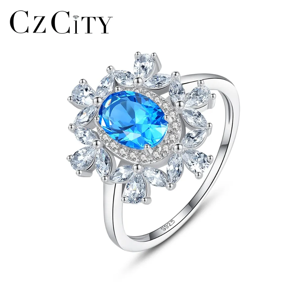 CZCITY Luxury 925 srebro próby błękitny/ zielony Owalny Topaz błyszczące pierścienie dla kobiet panny młodej obrączki biżuteria