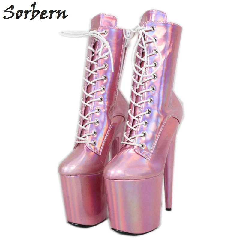 Sorbern holograficzny różowy Polak taneczne buty kobiety 8 cali ekstremalnie wysoki obcas platforma botki do kostki wysokie niestandardowe Wał wielokolorowy