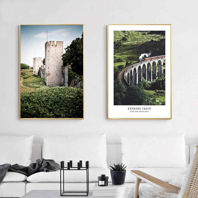 Pociąg zamek scandinavian podróż krajobraz płótno plakat skandynawski styl drukowania natura artystyczna, malarstwo ścienne, malarstwo dla salonu