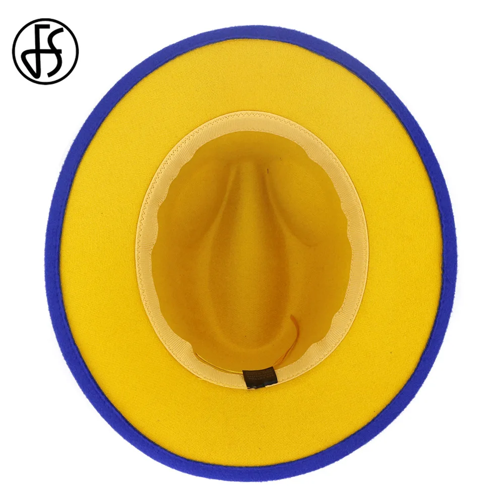 FS New Royal Blue Yellow patchwork wełniany filc filcu kapelusze Mężczyźni Kobiety duże pola Panama трилби Jazz czapka derby kapelusz sombrero Mujer