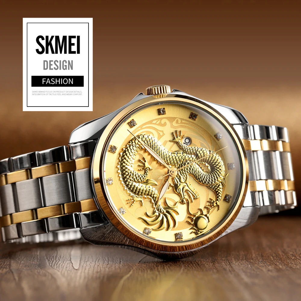 Top Luxury Brand Golden Dragon kwarcowy męski zegarek SKMEI wodoodporny zegarek ze stali nierdzewnej zegarki męskie Relogio Masculino