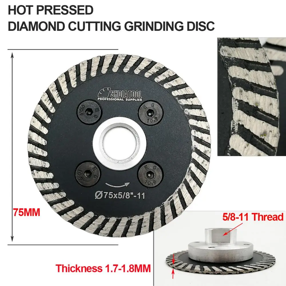 SHDIATOOL 1pc Hot pressed mini diamond saw blade with removable 5/8-11 long flange and 1pc diamond disc