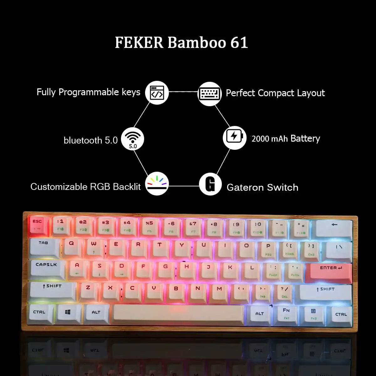 FEKER bamboo 61 klawiatura mechaniczna 60% ANSI RGB drewniana obudowa tryb podwójny PBT ODMkeycap Gateron przełączniki mechaniczne klawiatury