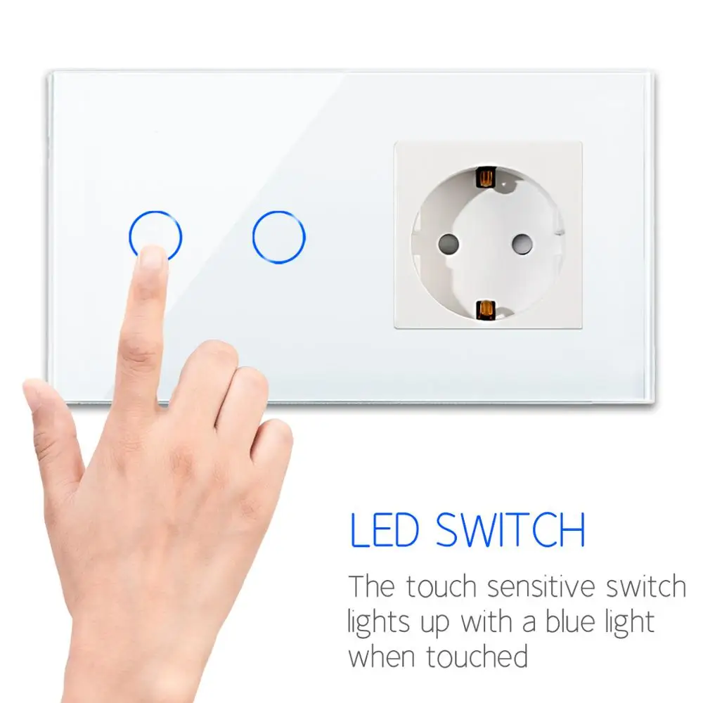 Bingoelec 2 Gang 2 Way Touch Switch With 16A Germany Wall Socket Switched Crystal Glass Panel Not Need Neutral Line Lamp Switch