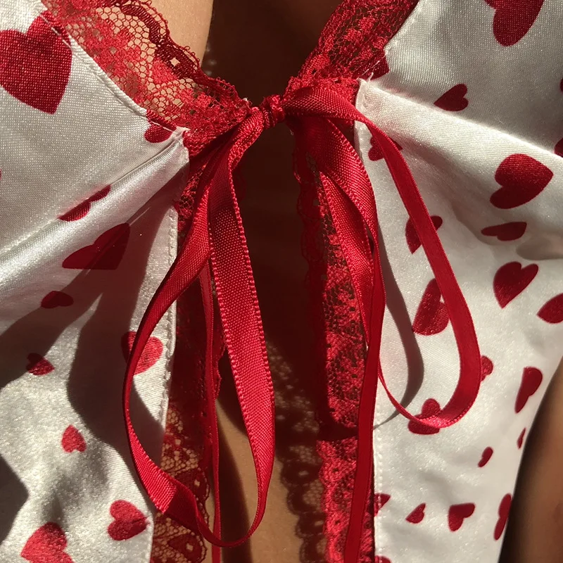 Meble ubrania serce druku Split seksowny top bez rękawów kobiety lato krawat w górę V neck oparcia Y2K crop topy koszulki odzież damska krawat w górę
