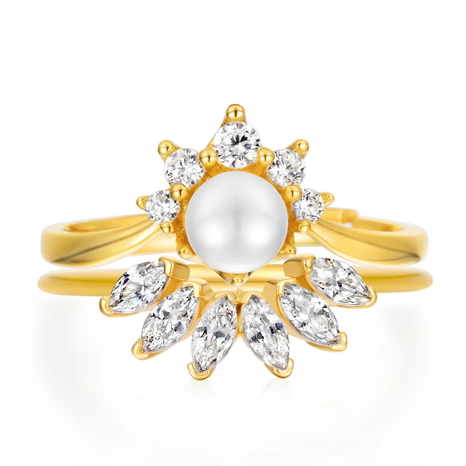 ALLNOEL Solid 925 srebro stylizacji pierścienie dla kobiet 5A+ cyrkon Fleshwater Pearl pierścień zestaw biżuterii