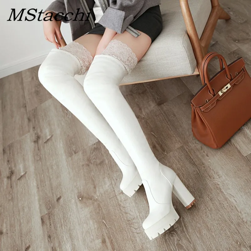 MStacchi Women Thigh High Boots Women Platform Lace Runod Toe Shoes Woman Thick High Heels Winter Boot Female Slip On Sexy Boots