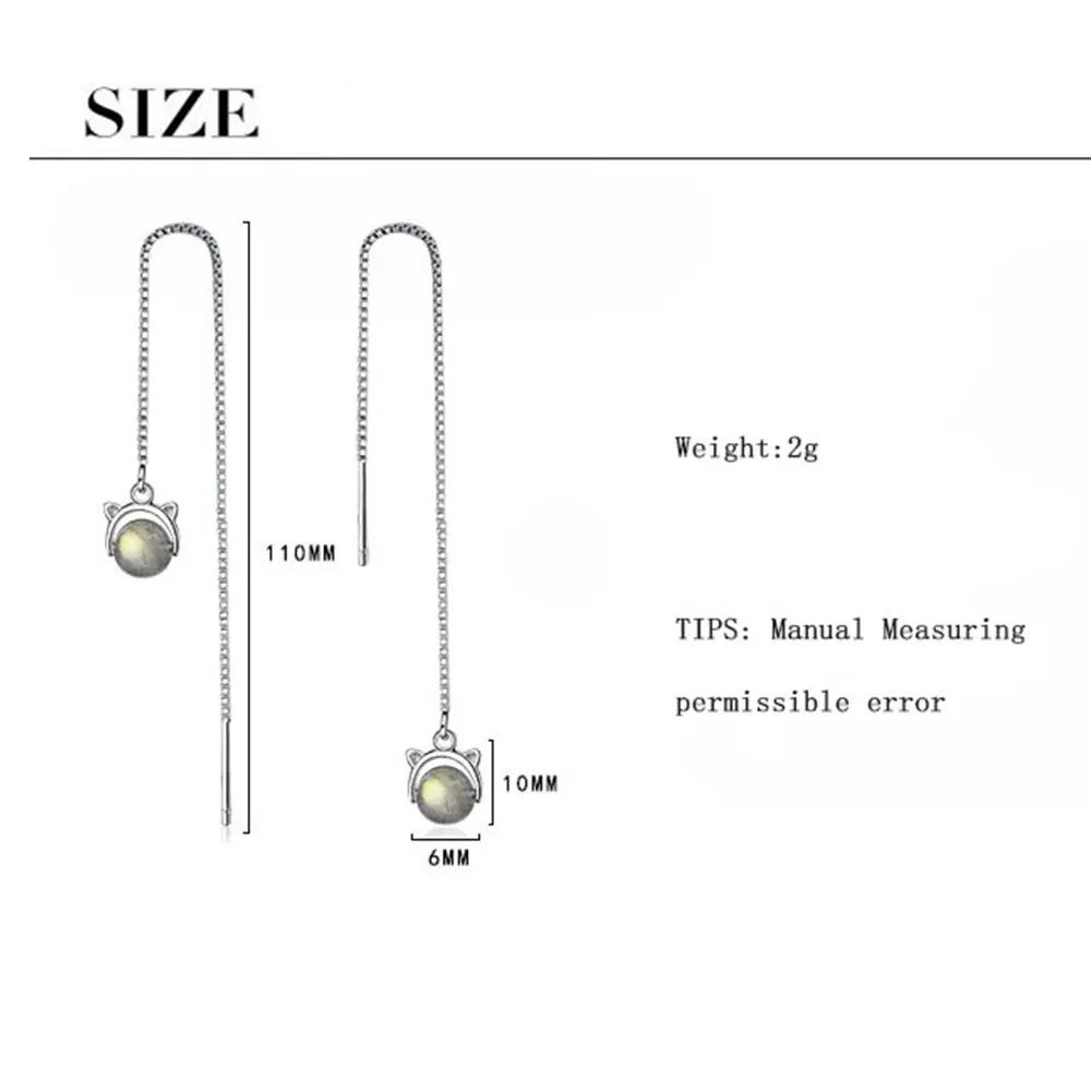 ANENJERY 925 srebro ładny kamień Księżycowy kot długie kolczyki kutas osobowość proste kolczyki łańcuch dla kobiet S-E663