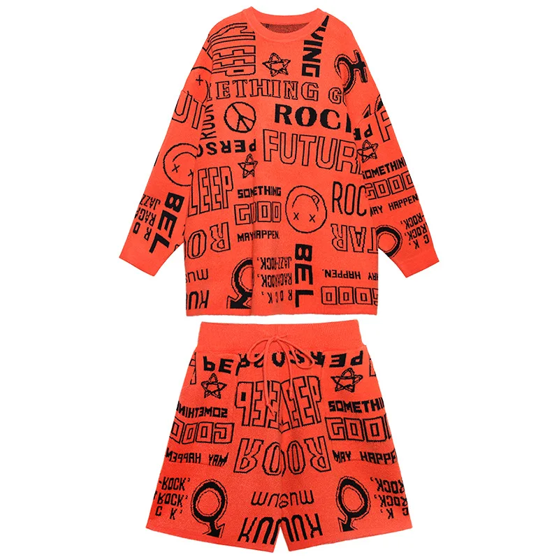 Qing MO pomarańczowy czarny kobiecy zestaw z dwóch części 2020 jesień zima rozmiar plus List drukowania dziany sweterek + spodenki z dzianiny zestaw LHXX279