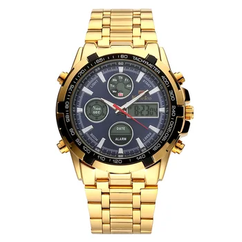 Męskie złoty zegarek mechaniczny szkielet ze stali nierdzewnej metalowy pasek zegarek Kwarcowy biznes zegarek Wodoodporny zegarek podwójny wyświetlacz