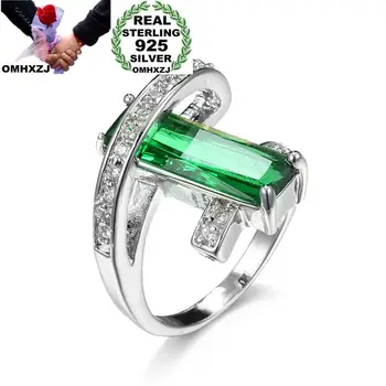 OMHXZJ Hurtownia europejska moda kobieta mężczyzna partia prezent ślubny srebrny, zielony prostokąt AAA Cyrkon 925 srebro pierścionek RR08