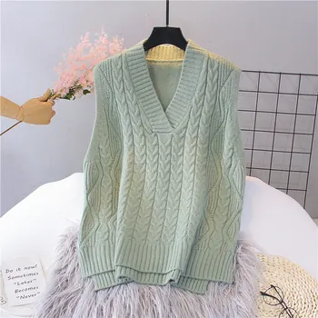 2021 wiosenne dziane ciepłe damska kamizelka wolny V-dekolt w kształcie damski sweter bez rękawów kamizelki nowa twisted twarda korea moda słodki kamizelka