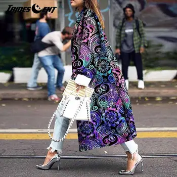 Kobiety rocznika drukowane długi płaszcz jesień moda elegancka lampa z długim rękawem kurtka damska 5XL casual odzież uliczna