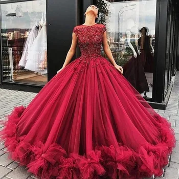 Elegancka Sukienka Wieczorowa Długa 2020 Suknia Linkę Kryształ Krótkie Rękawy Koronki Burgundia Formalna Impreza Sukienka Robe De Soiree