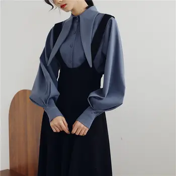 Moda retro francuski styl Sukienka damska koszula i pasek na ramię zestaw z dwóch części bluzka z pełnymi rękawami i wysokim stanem subtelne stroje f2859