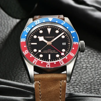 Corgeut 41mm Luxury Brand GMT męskie zegarki automatyczne mechaniczne wojskowy zegarek sportowy do pływania skórzane zegarek Mechaniczny