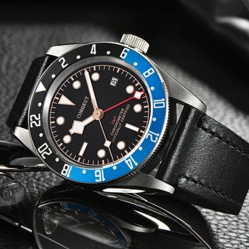 Corgeut 41mm Luxury Brand GMT męskie zegarki automatyczne mechaniczne wojskowy zegarek sportowy do pływania skórzane zegarek Mechaniczny