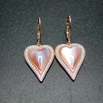 Sprzedaż masa perłowa biżuteria 925 srebro naturalny różowy mop serce kobiece kolczyki kropla kolczyk prezent
