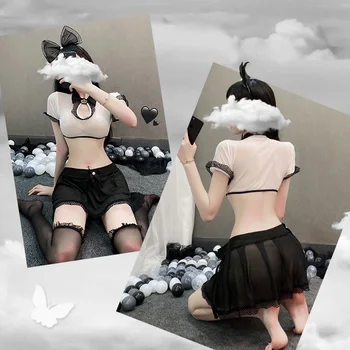 OJBK kobiety sexy cosplay kostium czarny biały top i spódnica uwieść zestaw erotyczny biuro strój kostium gorąca perspektywa gry fabularne strój