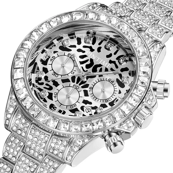 PINTIME Gold Leopard męskie zegarki Top Brand Luxury Chronograph Sport Military zegarki męskie Iced Out Diamond Date zegarki stalowe