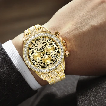 PINTIME Gold Leopard męskie zegarki Top Brand Luxury Chronograph Sport Military zegarki męskie Iced Out Diamond Date zegarki stalowe