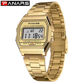 PANARS Men Wodoodporny Digital Watch Gold Color Stainless Steel Band Zegarki Men Women Sport Watch proste modny zegarek