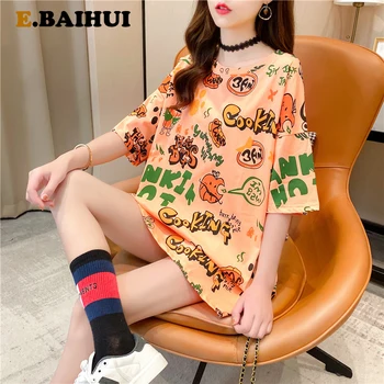 EBAIHUI Plus Size T Shirt Cartoon Print Kawaii Hip Hop Woman T Shirt Korea Style z krótkim rękawem luźne letnie top koszulki damskie