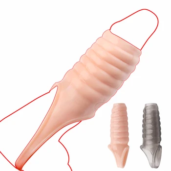 Zewnętrzny pierścień penis expander wielokrotnego użytku prezerwatywy dany Silikonowe dildo powiększalnik opóźnienie wytrysku kogut rękaw sex zabawki dla mężczyzn