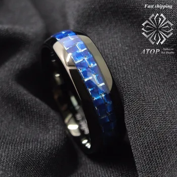 Przycisk pierścień na mężczyzn biżuteria kopuła czarny z niebieskim srebra włókna węglowego zaręczynowy pierścień Darmowa wysyłka
