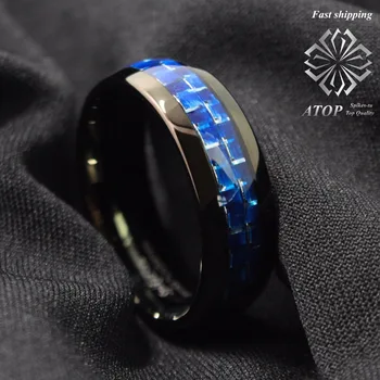 Przycisk pierścień na mężczyzn biżuteria kopuła czarny z niebieskim srebra włókna węglowego zaręczynowy pierścień Darmowa wysyłka