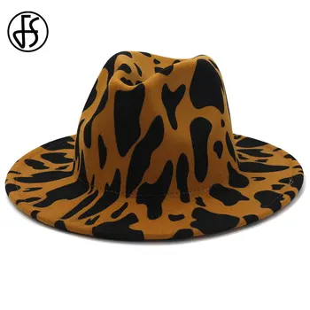 FS unisex wełna filc Jazz Fedora kapelusze dla mężczyzn kobiet zima krowa druku трилби płaskie szerokie pola Panama wieczór kowbojski kapelusz Biały