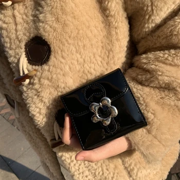 2020 słodkie Kawaii metal flower snap PU jasny skórzany portfel słodki mini torebka mini torba dla kart krótki kwadratowy składany mały portfel