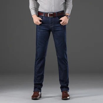 Męskie jeansy marki klasyczny prosty granatowy jesień i zima elastyczność całkowita długość denim spodnie biznesmen spodnie Męskie jeans