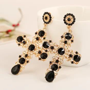 Barokowy Vintage czarny elegancki Kryształ pusty krzyż wisiorek kropla kolczyki dla kobiet duży rhinestone długie wiszące kolczyki biżuteria