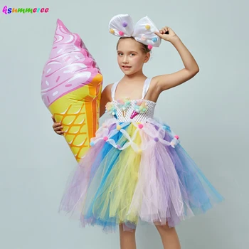 Lody aplikacja dziewczyny tutu sukienka z kokardą pompona projekt dzieci słodkie urodziny święto sukienka tiul plac jedzenie garnitur