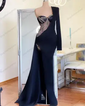 Prawdziwy Obraz Sexy Jedno Ramię Granatowy Mermaid Suknia Z Długimi Rękawami Kryształy Korowód Sukienka Wysoki Nacięcie Proste Sukienki Na Studniówkę