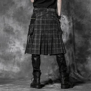 Brązowy Gothic Punk Szkocki Kilt Garnitur Podwójne Kieszenie Męskie Spódnice Pas Kratka Warkocze Spódnice Dwustronna Kieszeń Obwodu Spódnicy