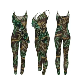 ANJAMANOR Green Leaf Print Sheer Mesh Sexy Jumpsuits for Women 2020 Ruffles Backless Bodycon Pajacyki Club Outfits D89-CF23