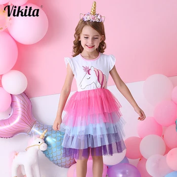 VIKITA Girls Unicorn Tutu Dress Kids Sequined Princess Vestido Girls Birthday Party Dress dla dzieci, letnie sukienki, odzież Dziecięca