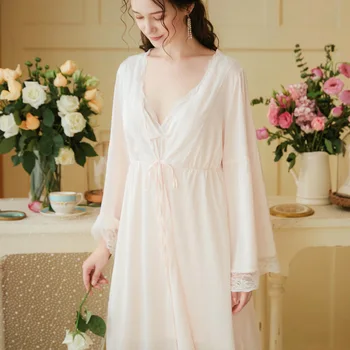 2020 Sexy Suspender Backless Nightdress Robe Set Two-piece Ladies Ice Silk Lace Home Silk princess Nightgown Chest pad piżamy