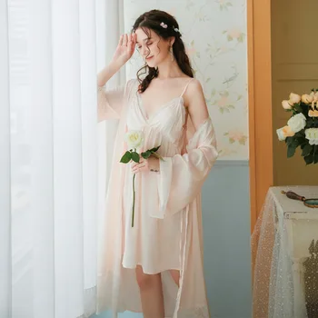 2020 Sexy Suspender Backless Nightdress Robe Set Two-piece Ladies Ice Silk Lace Home Silk princess Nightgown Chest pad piżamy