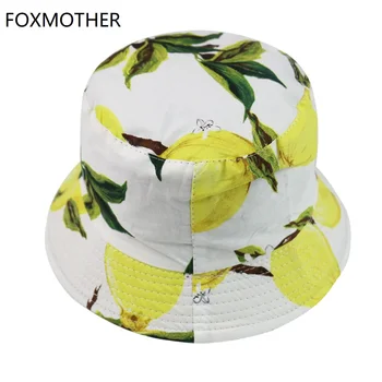 FOXMOTHER Nowe Lato, biały, czarny Owoce Cytryny Rybak kapelusz kobiety czapki wiadro 2019