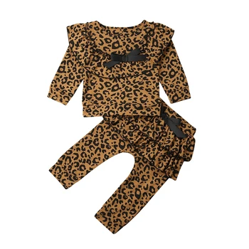 Dziecko Dziewczynka Leopard Drukowane Zestawy Ubrań Z Długim Rękawem Wzburzyć Okrągły Dekolt Wysokiej Talii Spodnie Strój Zestawy