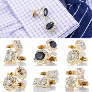 Luksusowe złote męskie spinki do mankietów z kryształem ślubne francuskie koszule spinki do mankietów rękawa guziki męskie biżuteria akcesoria Konstrukcja mankietu