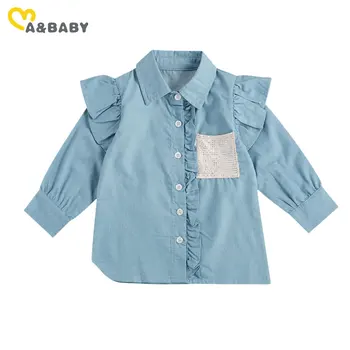 Ma&Baby 2-7Y Toddler Kid Girls bluzka z długim rękawem kieszonkowe niebieskie jeansowe koszule dla dzieci, Ubrania dla dziewczyn stroje