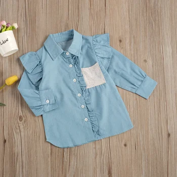 Ma&Baby 2-7Y Toddler Kid Girls bluzka z długim rękawem kieszonkowe niebieskie jeansowe koszule dla dzieci, Ubrania dla dziewczyn stroje