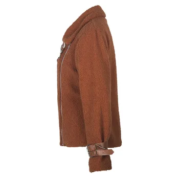 Damskie zimowe przyczynowo-skutkowego stałe kurtki ze sztucznego futra z długim rękawem skręcić w dół kołnierz wyściełany płaszcz pluszowy płaszcz na zamek błyskawiczny pas kurtki