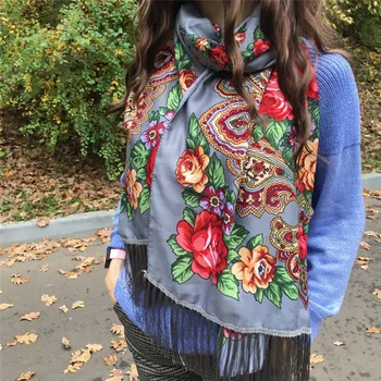 2020 kobieta rosyjski print szal kobiecy kwiatowy wzór bawełniane szale okłady retro ukraińskie panie frędzlami Narodowy szalik szal