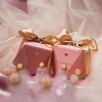 20szt Różowa wstążka opakowania Diamentowa kartonik ślubne cukierki karton czekolady opakowanie na prezent 6*8 cm